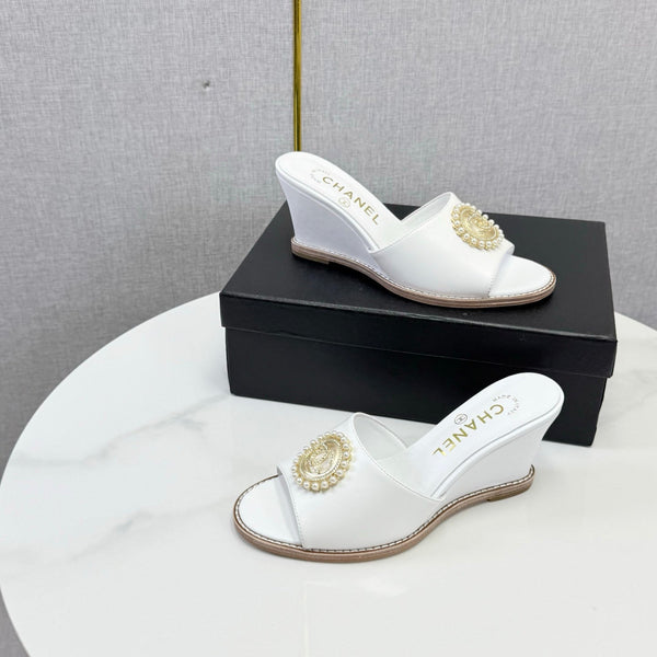 CC 26s Wedge Heels In White Lambskin With CC Pearl Embellished
