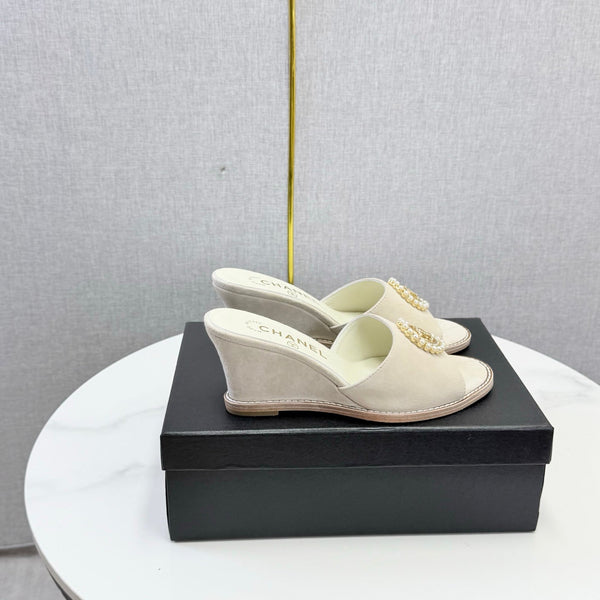 CC 26s Wedge Heels In Light Beige Suede With CC Pearl Embellished