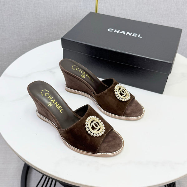 CC 26s Wedge Heels In Dark Brown Suede With CC Pearl Embellished
