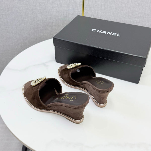 CC 26s Wedge Heels In Dark Brown Suede With CC Pearl Embellished