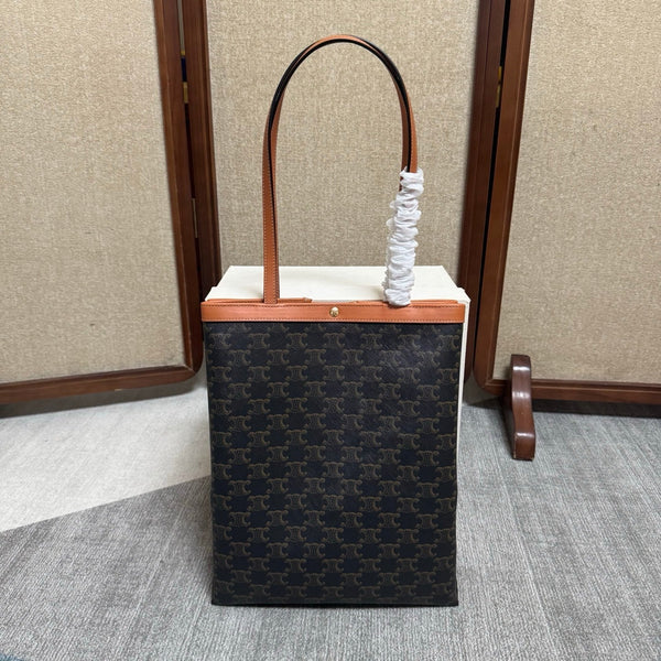 CL Medium Flat Shopper Black Brown Triomphe Canvas Calfskin