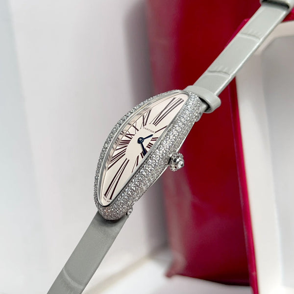 Vintage Baignoire 21mm Silver Diamond Case Grey Leather