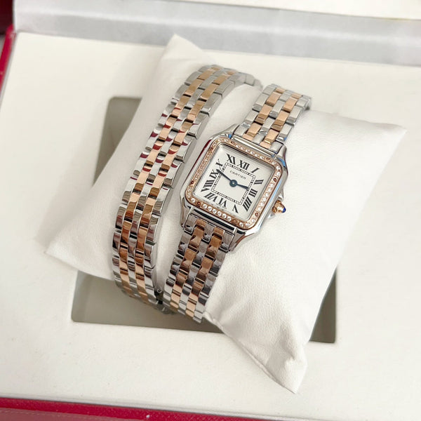 Panthere 22mm Pink Gold Silver Diamond Bezel Double Chain 44cm