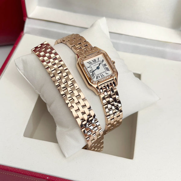 Panthere 22mm Pink Gold Diamond Bezel Double Chain 44cm