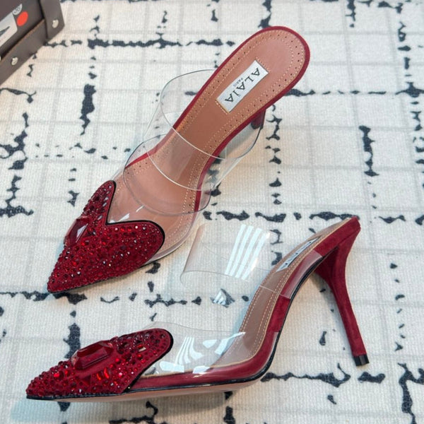 Alaia Heart With Crystals 90mm Heels Mules Red Montone 800949