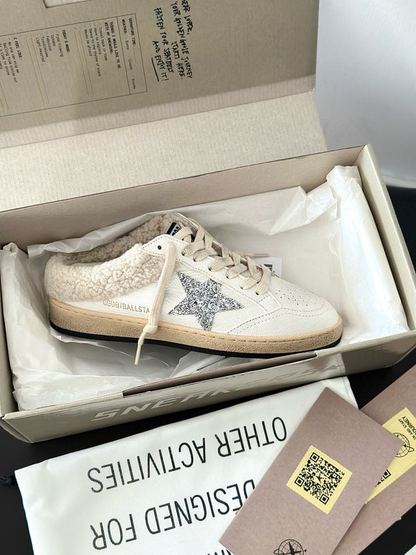 SABOTS SUPER-STAR IN VITELLO BIANCO CON FODERA IN TOSA E STELLA BIANCA GLITTER