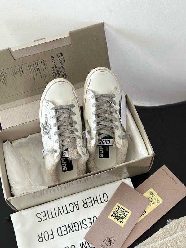 SABOTS SUPER-STAR IN VITELLO BIANCO CON STELLA BIANCA GLITTER