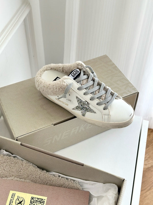 SABOTS SUPER-STAR IN VITELLO BIANCO CON STELLA BIANCA GLITTER