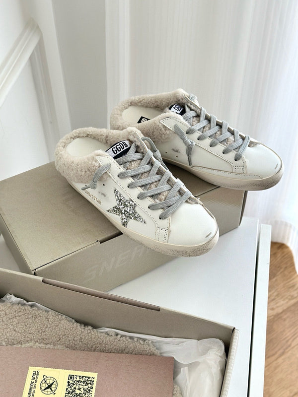 SABOTS SUPER-STAR IN VITELLO BIANCO CON STELLA BIANCA GLITTER