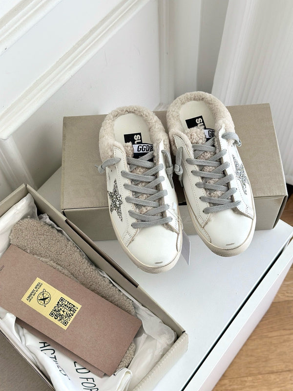 SABOTS SUPER-STAR IN VITELLO BIANCO CON STELLA BIANCA GLITTER