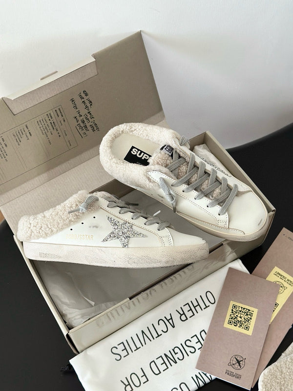 SABOTS SUPER-STAR IN VITELLO BIANCO CON STELLA BIANCA GLITTER