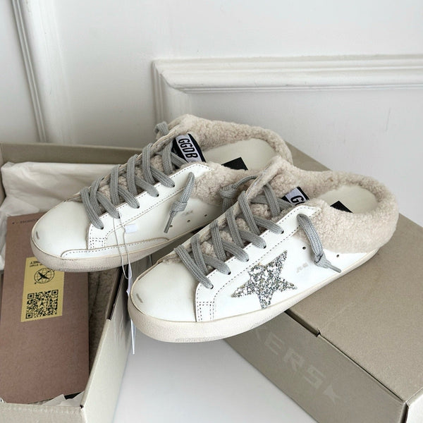 SABOTS SUPER-STAR IN VITELLO BIANCO CON STELLA BIANCA GLITTER
