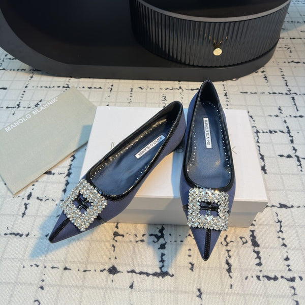 Ballerina Hangisi da 10 mm in lino blu scuro con fibbia gioiello in pelle nera 161059