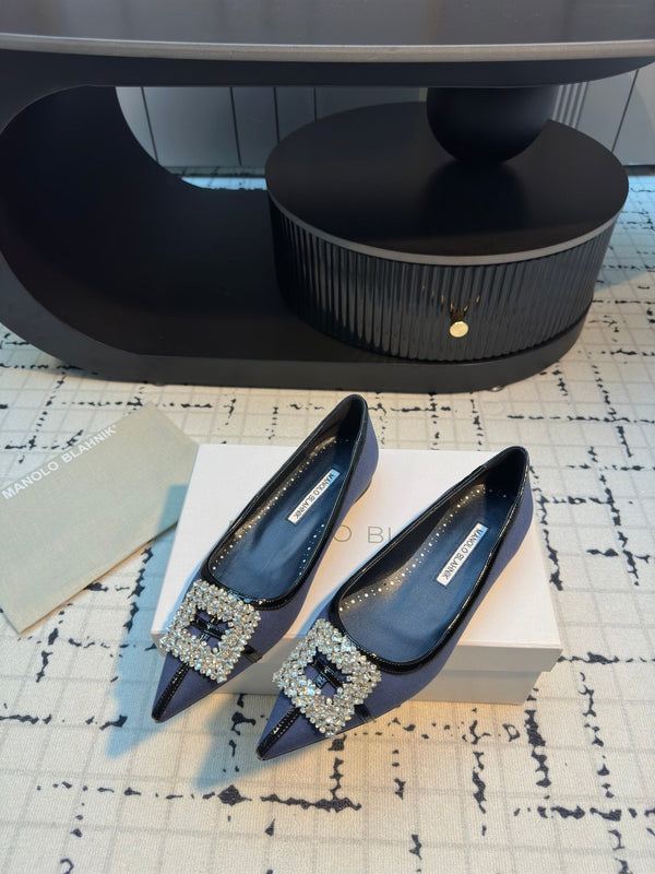 Ballerina Hangisi da 10 mm in lino blu scuro con fibbia gioiello in pelle nera 161059