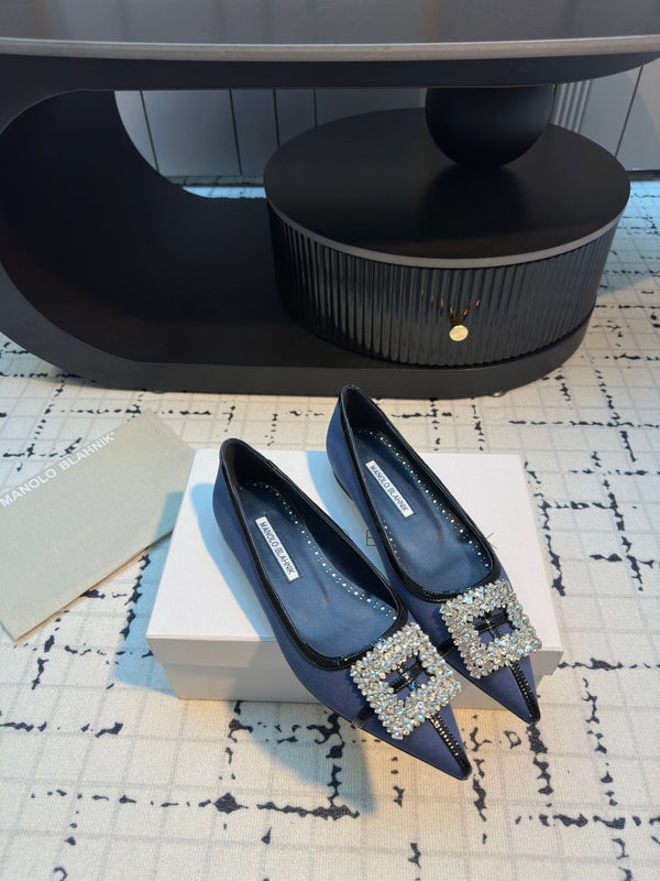 Ballerina Hangisi da 10 mm in lino blu scuro con fibbia gioiello in pelle nera 161059