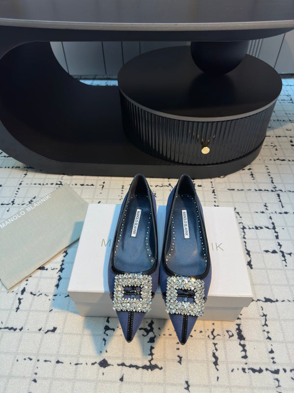 Ballerina Hangisi da 10 mm in lino blu scuro con fibbia gioiello in pelle nera 161059