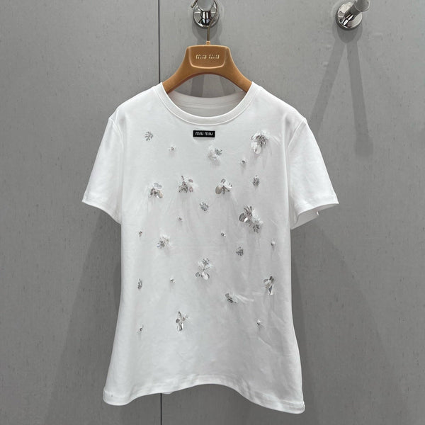 Miu Miu 25 beaded sequined flower short-sleeved T-shirt White Cotton 210497