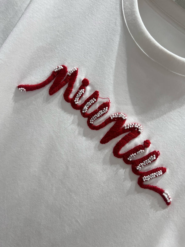 Miu Miu 25 Beaded Short Sleeve T-shirt White Red Cotton 210556