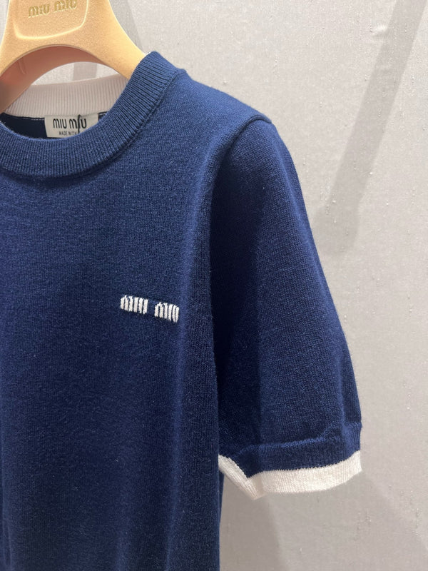 Miu Miu 25 Maglia a maniche corte in due pezzi, blu, bianco, lana 210549
