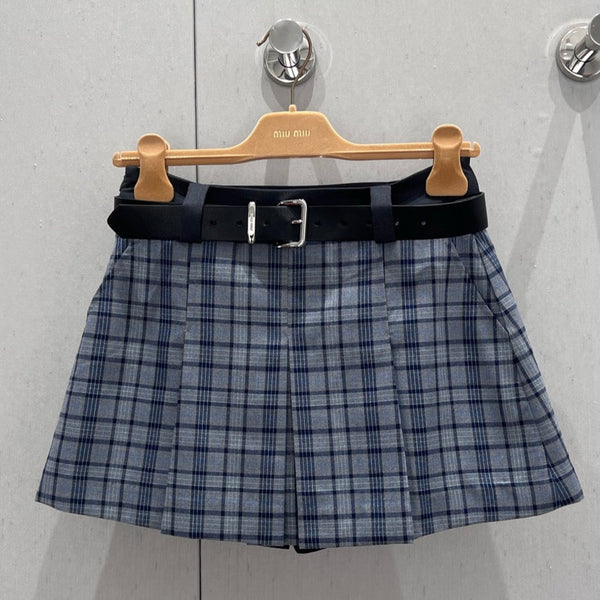 Miu Miu 25 Gonna a pieghe scozzese blu poliestere 211200