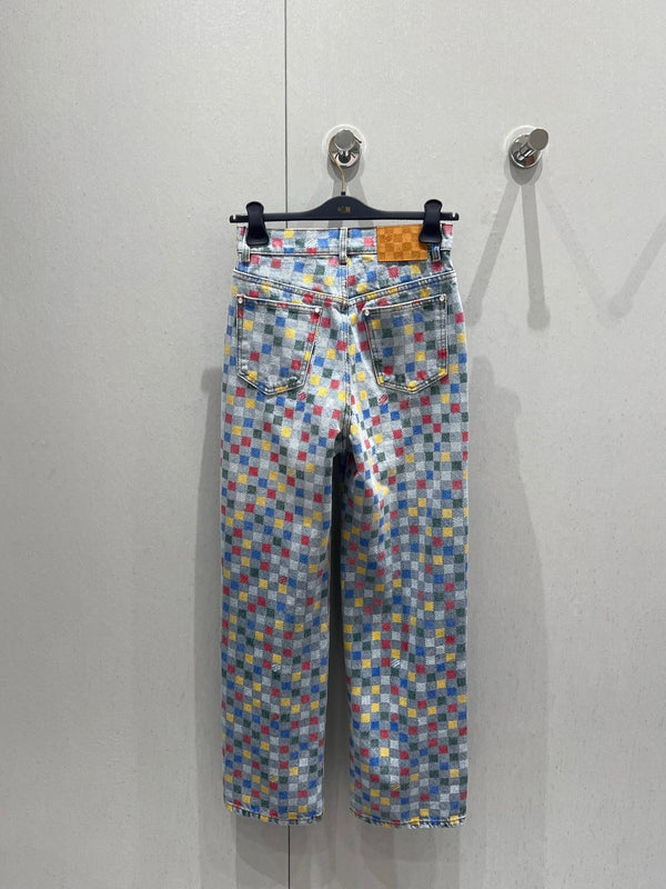 Jeans in denim multicolore a quadri LV in cotone blu