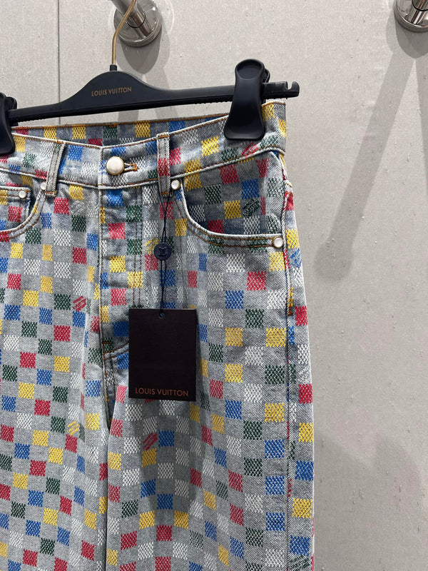 Jeans in denim multicolore a quadri LV in cotone blu