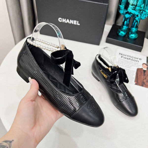 CC Mary Jane Black Studded With Pearls Lambskin And Cowhide