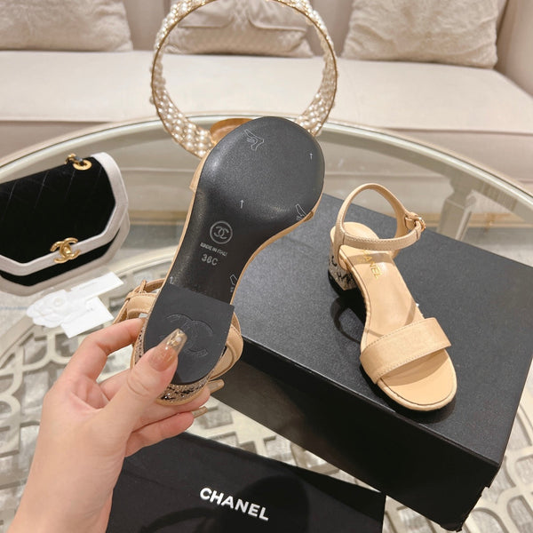CC 25C 5CM Mid Heed Sandals Cream Fabric 213322