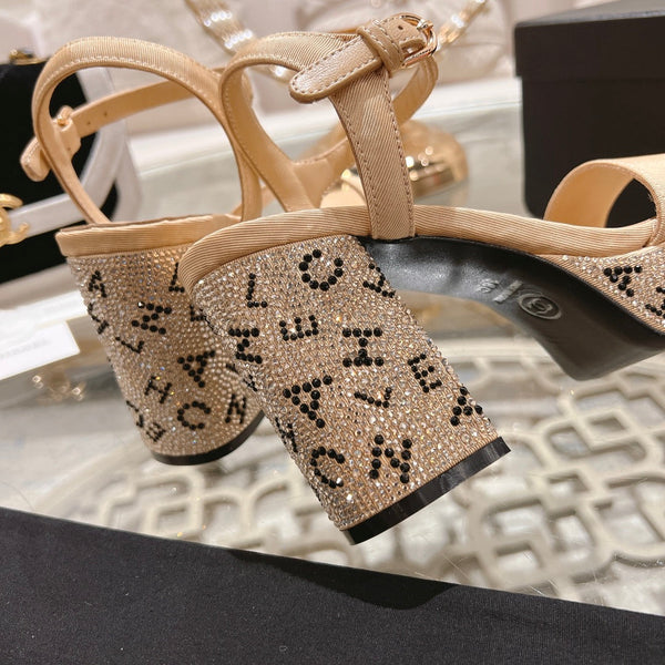 CC 25C 10CM Mid Heed Sandals Cream Fabric 213326
