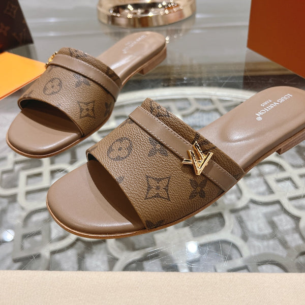 lv sandal isola flat mule brown monogram calfskin