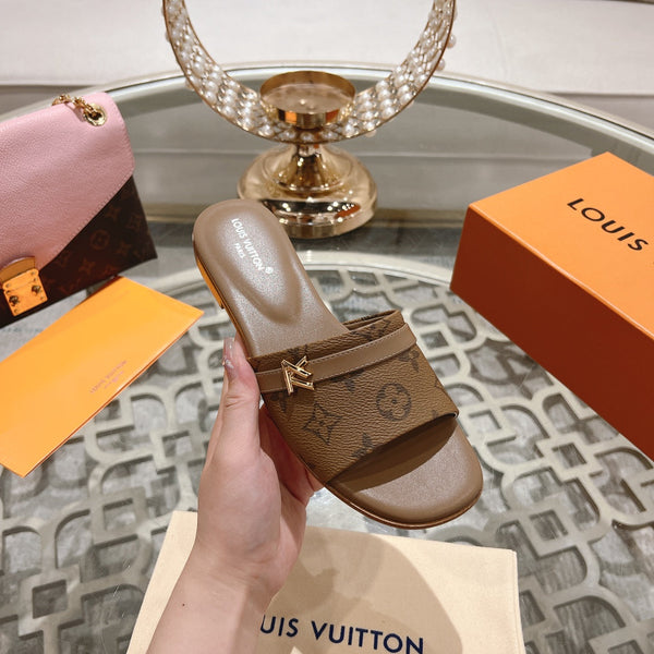 lv sandal isola flat mule brown monogram calfskin