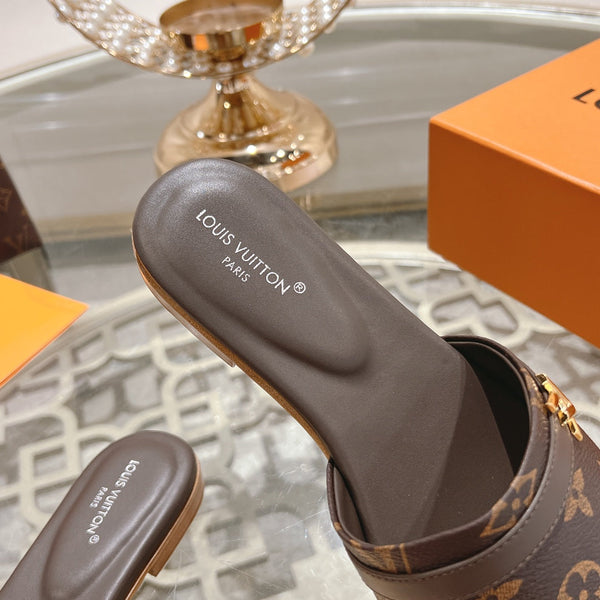 lv sandal isola flat mule dark brown monogram calfskin