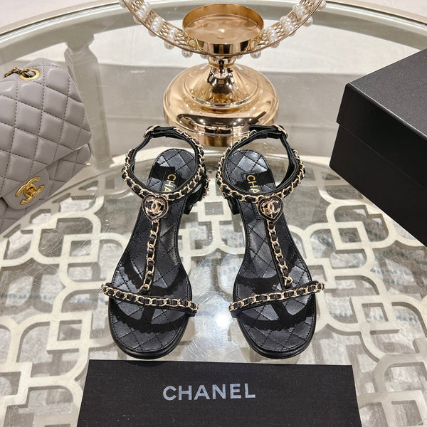 CC 26s Chain T-Strap Charm Sandals 5cm Black Lambskin 736117