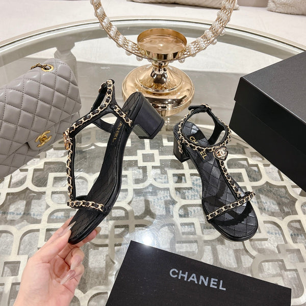 CC 26s Chain T-Strap Charm Sandals 5cm Black Lambskin 736117