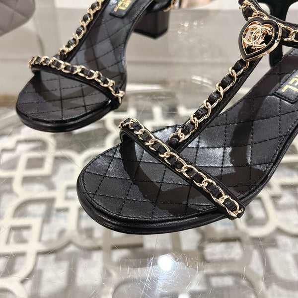 CC 26s Chain T-Strap Charm Sandals 5cm Black Lambskin 736117
