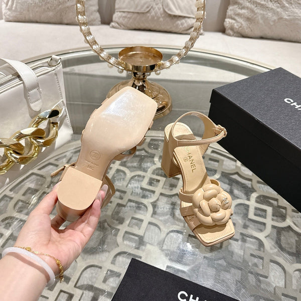CC Camellia Flower Block Heel Sandals Beige Sheepskin 735990