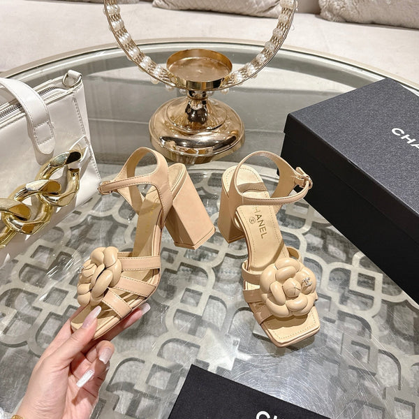 CC Camellia Flower Block Heel Sandals Beige Sheepskin 735990