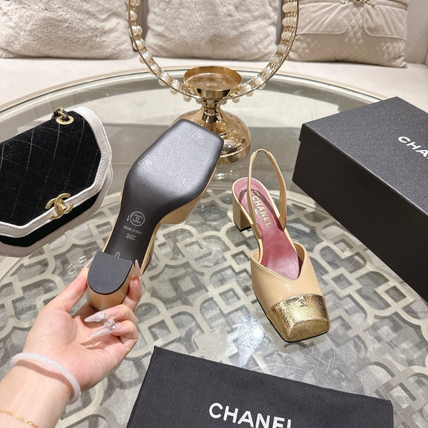 CC 26s Square-Toe High-Heeled Slingbacks 6cm Gold Beige Leather 736100