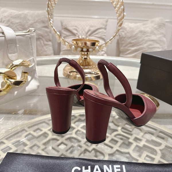 CC 26s Square-Toe High-Heeled Slingbacks 9cm Gold Burgundy Leather 736109