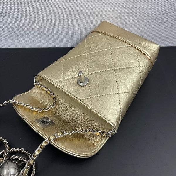 CC Phone Holder Bag 17cm Golden Metalic Leather