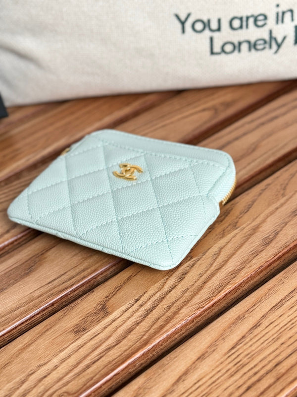 CC Zip Card Holder Wallet Light Blue Gold Metal Caviar 240605