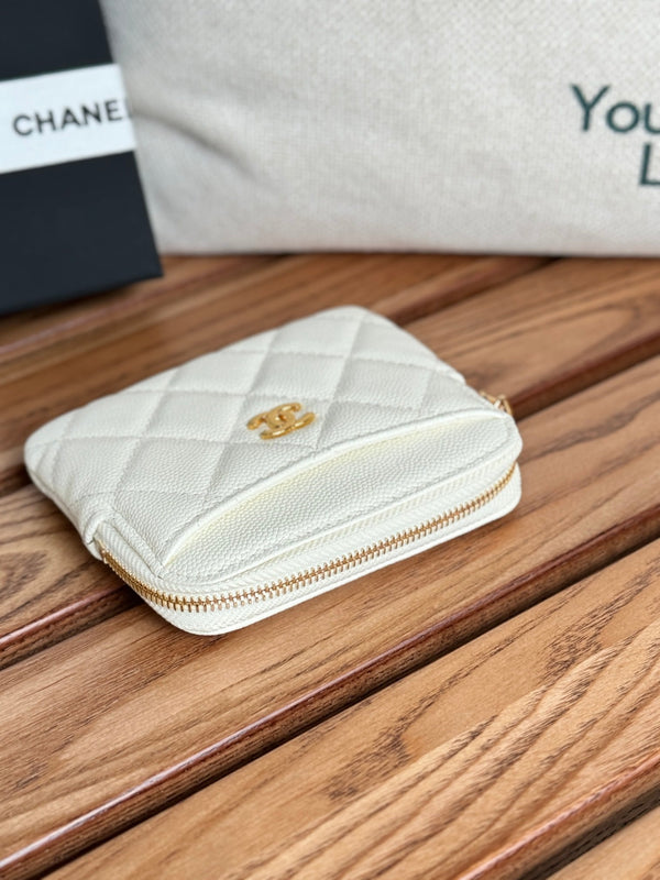 Portafoglio porta carte CC Zip in metallo oro bianco Caviar 240607