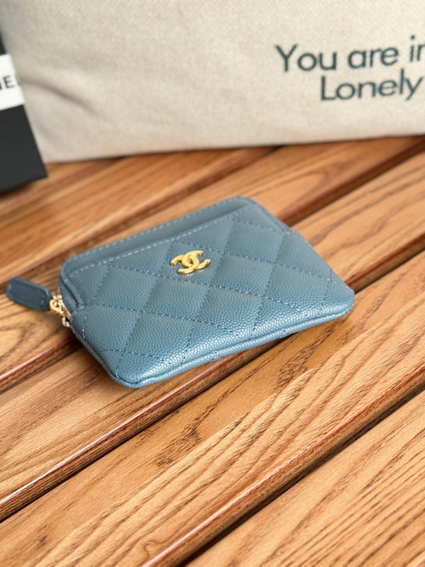 CC Zip Card Holder Wallet Blue Gold Metal Caviar 240611
