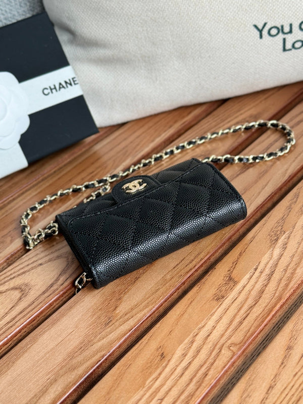 Portafoglio classico CC 24 con catena 11 cm in metallo oro nero caviale 240666