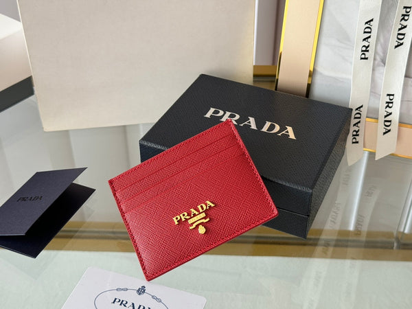 Pra Gold Logo-Stamp Card Holder Red Saffiano Leather