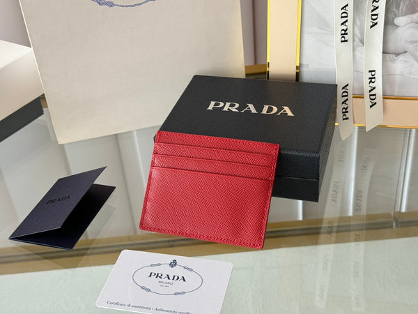 Pra Gold Logo-Stamp Card Holder Red Saffiano Leather