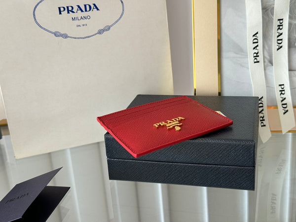 Pra Gold Logo-Stamp Card Holder Red Saffiano Leather