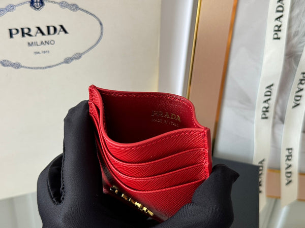 Pra Gold Logo-Stamp Card Holder Red Saffiano Leather