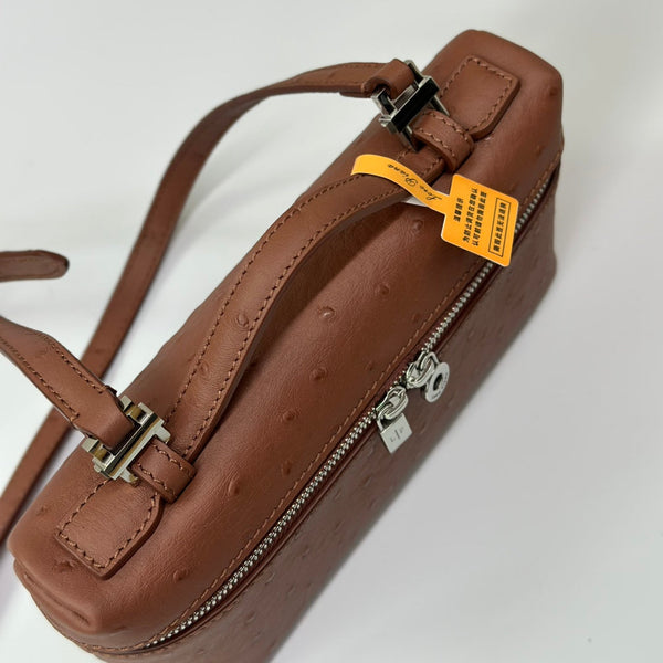 LP Extra Bag 19cm Ostrich Pattern Chestnut Brown Calfskin Silver Hardware