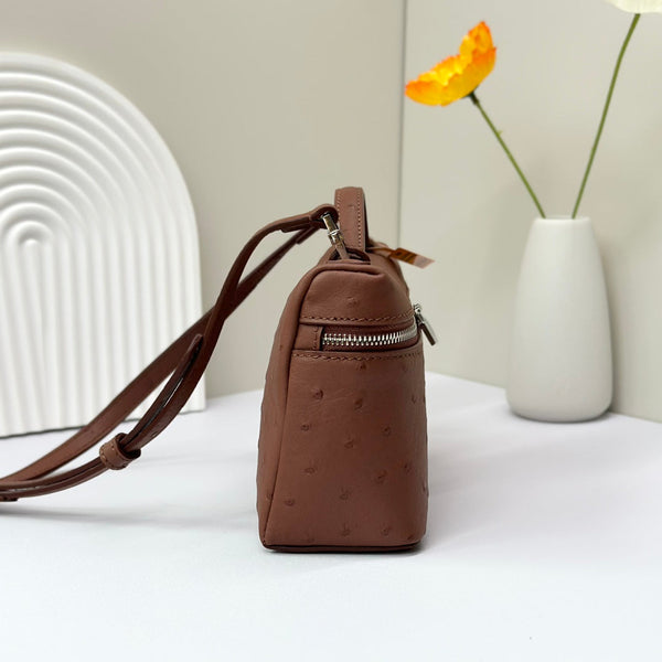 LP Extra Bag 19cm Ostrich Pattern Chestnut Brown Calfskin Silver Hardware